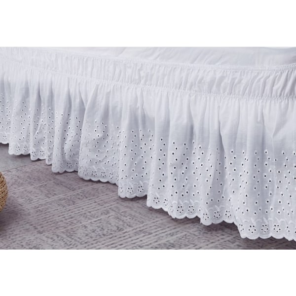 Hvid, KING 180X200+38cm, hulbroderet sengetæppe, støvtæt, amerikansk elastisk sengenederdel, princ
