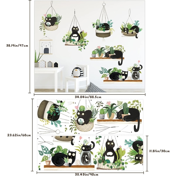 Plantes en Pot Vertes Cactus Sticker Vægmaleri Mignon Chat Noir Aut