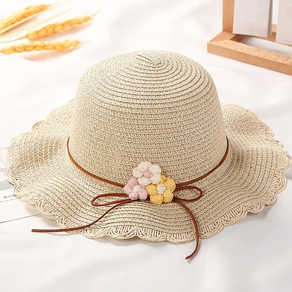 (Beige) 2 stk. Pige Solhat og Halmstrikket Taske, 1-6 År Gamle Børn Halmhat med Blomsterdekoration, Sommer Strandhat