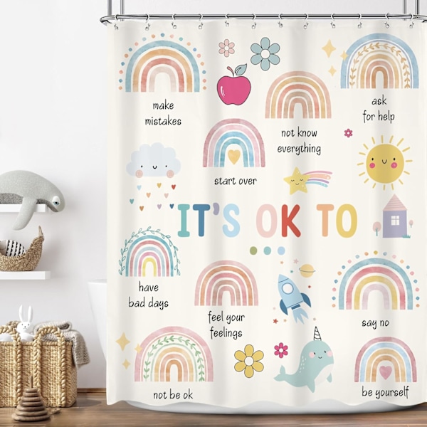 Børne Boho Regnbue Citater Bruseforhæng W150xH180cm Mental Sundhed Inspirerende Ord Emotion Cartoon Sød Akvarel Ch