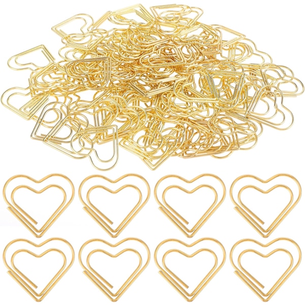 100 stk. hjerteformede papirclips, store guld hjerteformede papirclips til bryllupsdekoration, postkort