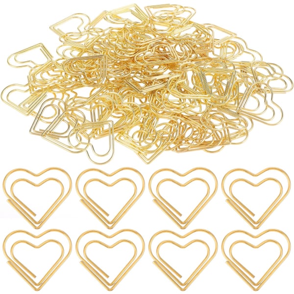 100 stk hjerteformede papirclips, store guld hjerteformede papirclips til bryllupsdekoration, postvogn