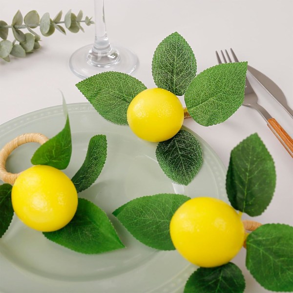 Håndlavede Citron Servietringe Sæt af 4, Gul Kunstig Citron med Vinranke Servietring til Bryllup, Middagsfest, Banket, Servering