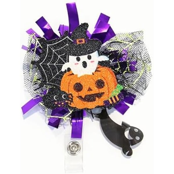 Halloween-aiheinen hämähäkinseitistä, kurpitsasta ja haamusta valmistettu sairaanhoitajan nimikorttikela, kiiltävä nimikortti, alligatoripidike, Halloween-tunnisteen pidike