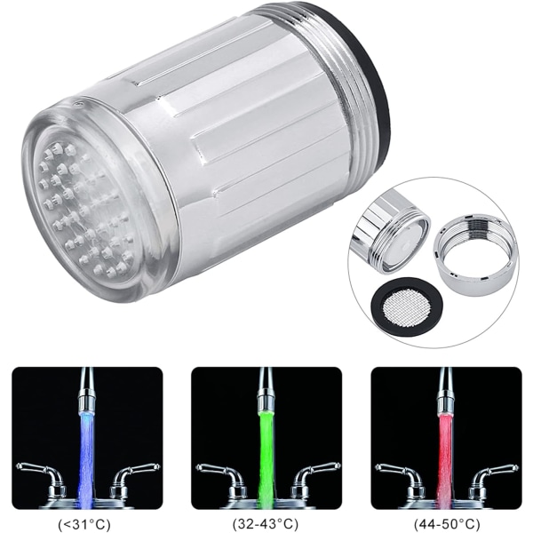 3 farger LED vannkran temperatur sensor (2 stk), fargeskiftende lys termisk detektor vask kran