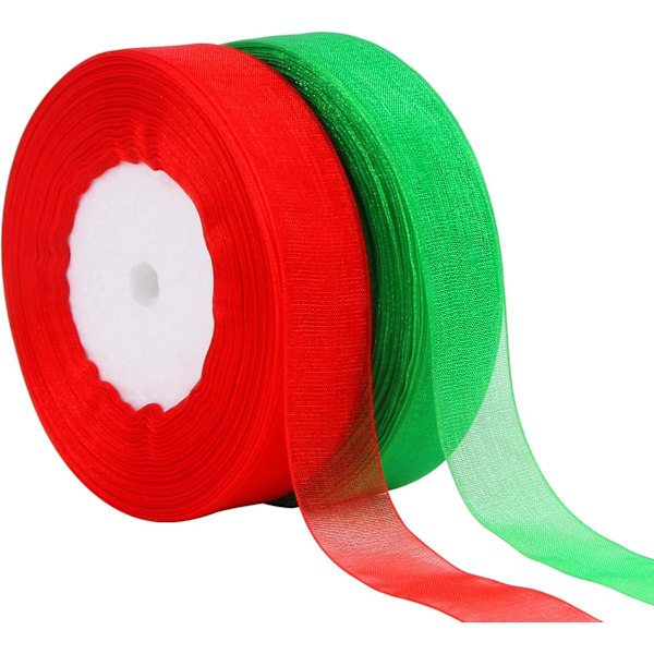 2 Rolls 100 Yards Christmas Ribbons Organza Holiday Festival Ribbons 0.8" Wide for Gift Wrapping Decoration, Red & Green