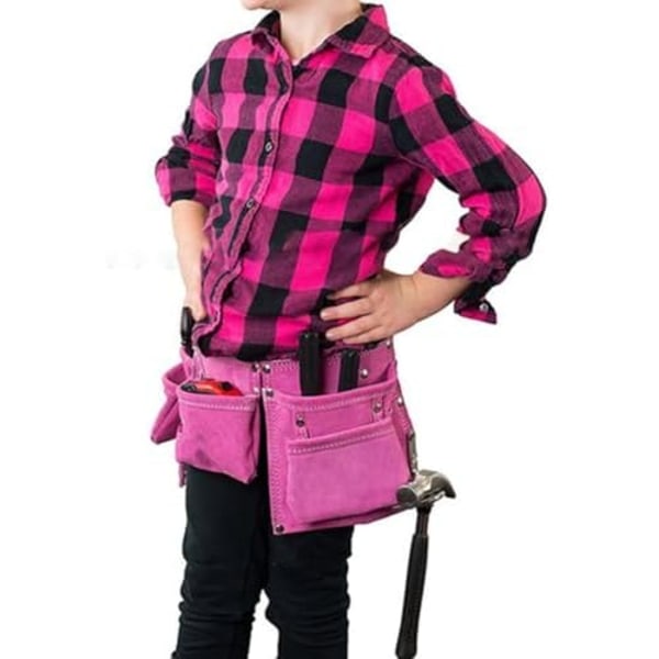 34x20cm Børne Læder Værktøjsbælte Læder Værktøjstaske Taljetaske til Udendørs Læderarbejde Haveredskaber (Pink)
