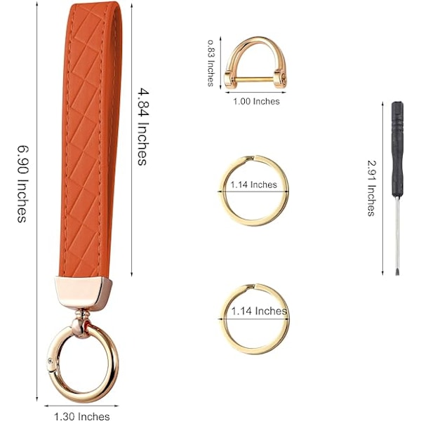 (Orange) med 2 nøgleringe og anti-tabt D-ring, læderarmbånd nøglering, bil nøglering holder, nøgle