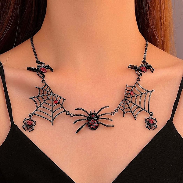 Halloween Edderkopp Hengesmykke Svart Strass Halskjeder Kjede Edderkopp Kort Halskje Gotisk Kostyme Smykker for Kvinner