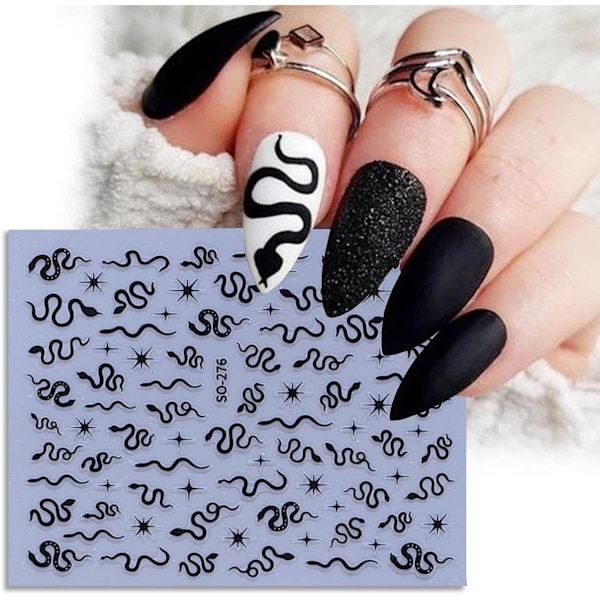 Orm Nagelsticker för Nagelkonst 3D Självhäftande Svart Silver Guld Laser Orm Stjärna Nageldekaler Stjärndesign Nagelkonst Stickers Berlocker för Kvinnor och G