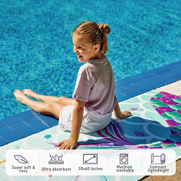 Sjöjungfru Strandhandduk för Barn - 75 x 150cm Strandbadlakan för Flickor