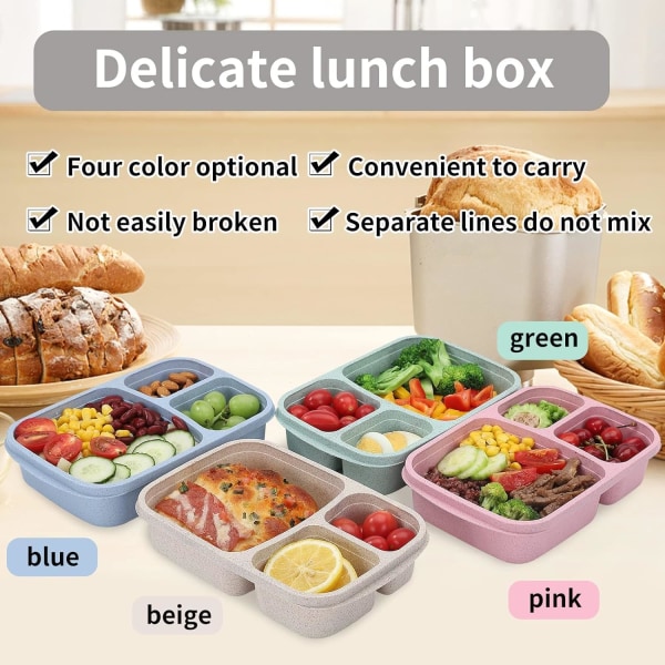 4 3-roms Bento lunsjbokser for barn og voksne, slitesterk Pl