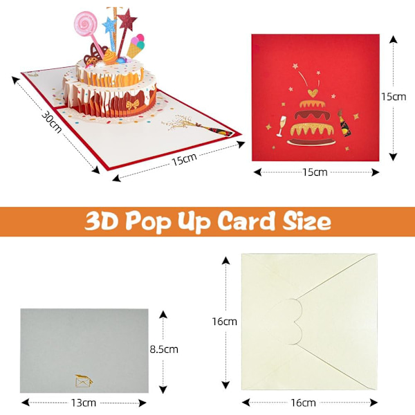 3D Syntymäpäiväkortti, 3D Pop Up -kortti kirjekuorella, Syntymäpäiväkortti lapsille, äidille, isälle, vaimolle, naisille (Syntymäpäiväkakku)