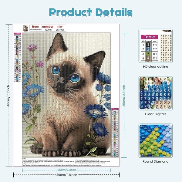 30x40cm siamesisk katt diamantmålning, 5D DIY diamantbroderi P