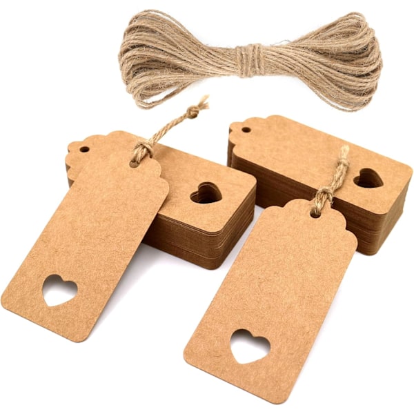 Bruna kraftpapperslappar 9 x 4cm med jutetråd för bröllop, Alla hjärtans dag, födelsedag, jul 100pcs