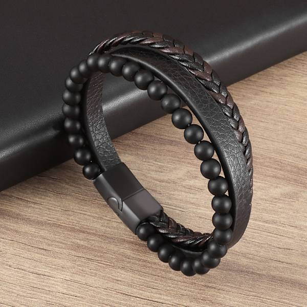 Herr Armband Läder Flätad Natursten Lava Onyx Svart Blå