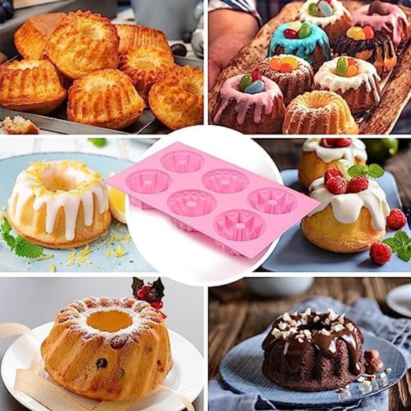 2 stk MiniKakeformer, 6-Hulls Riflet Rørkakeform, Ikke-klebende Silikon Bakeform for Cupcakes, Donuts, Maisbrød, Brun