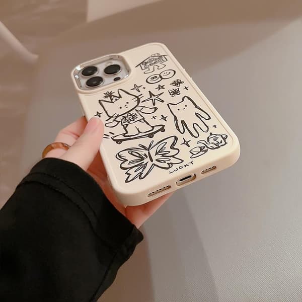Designet til iPhone Case, Sød Kat Sommerfugl Stjerne Heldig Linjetegning Blød Telefon Case (Hvid, til iPhone 16 Pro Max)