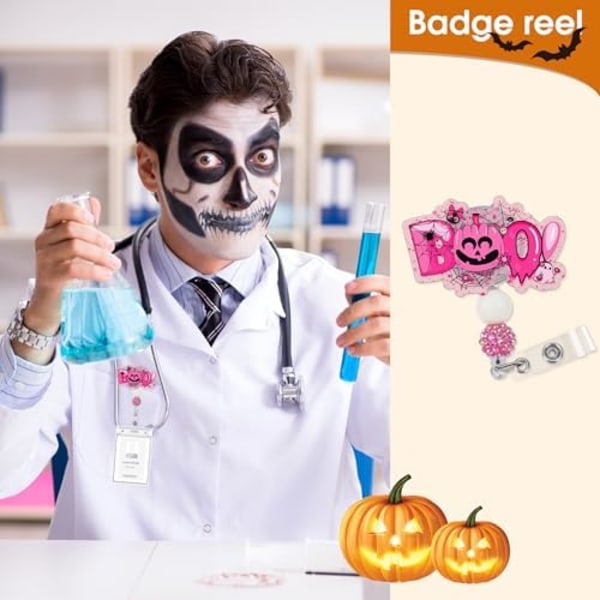 Halloween-nyckelbandsrulle - Söt Rosa Boo Pumpa ID-Korthållare med Alligatorclips och Glitterpärlor för Nu