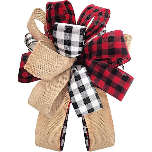 1 stk. Juletræstop - Buffalo Plaid Rød Sort Burlap Dekorativ Bue - Rustik Landhus Julepynt Hjem De