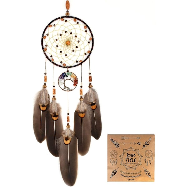 Livets Tre Drømmfangere for Soverom Voksen Brun Boho Drømmfanger Veggdekor for Jenter Chakra Krystall Healing Stein