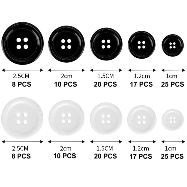 160 styks sorte hvide knapper, skjorteknapper, 4 hulknapper, runde knapper til syhåndværk, resi