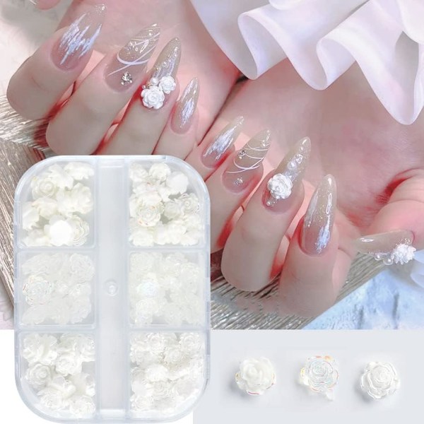 3D Akryl Blomspik Charm Vita Blommor Rosa Kamelia Naglar Dekoration Blommor Naglar Acc