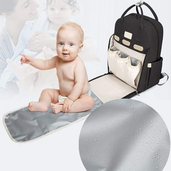 Baby vaippareppu sängyllä (musta), monitoiminen vedenpitävä vaippalaukku, baby äidille ja isälle