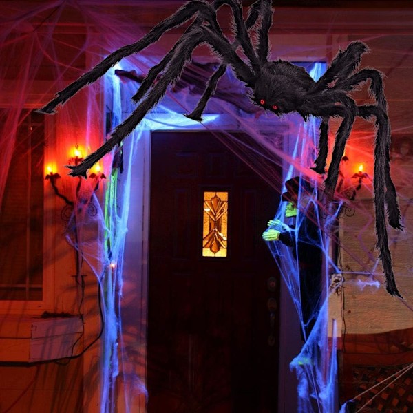 Edderkoppnett 500cm, gigantisk edderkopp 125cm, 20 små edderkopper, 40g edderkoppnett - Halloween-dekorasjon Triang