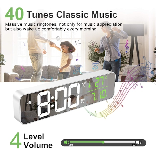 (Vit) Digital Väckarklocka, LED Digital Spegelväggklocka Stor Display med Temperatur Datum, 2 Alarm, 40 Musik, 6 Dimbar Ljusstyrka, USB-klocka f