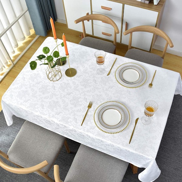 (Rektangulär/Långsträckt, 130 x 180 CM (4-6 Sittplatser)) Jacquard Bordsduk Blommig Damask Bordsduk Sp White