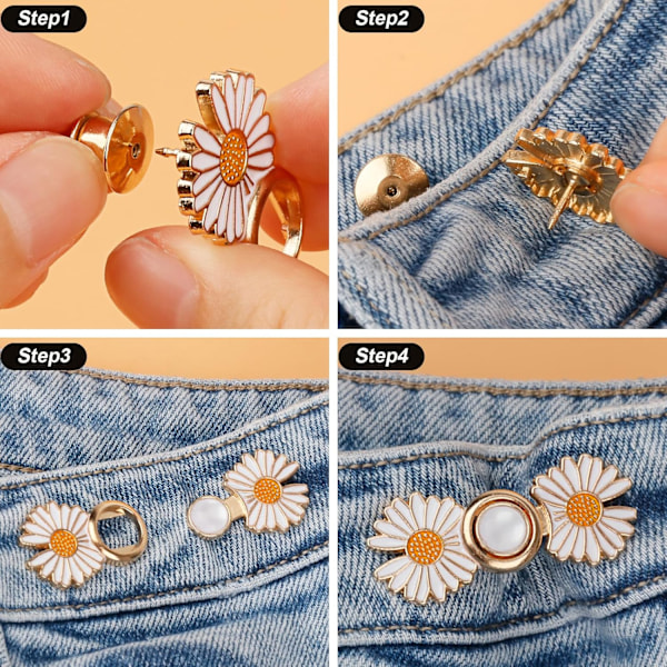 4 Set Knappnålar för Jeans utan Verktyg, Justerbara Jeansknappar, Tusensköna Blomma Omedelbar Byxknappsåtstramare