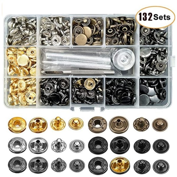 132 stk. metal trykknapper, 12,5 mm læder trykknapper i 6 farver, trykknapssæt med værktøj f