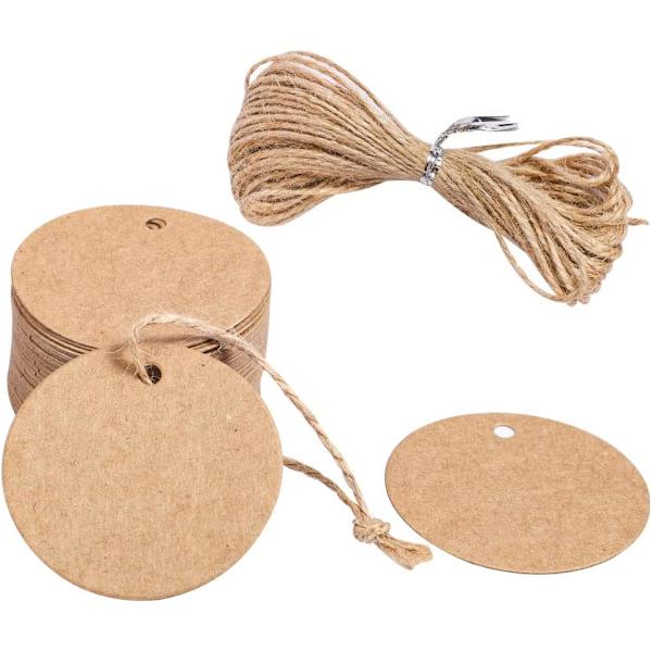(C)100 kappaletta pyöreitä kraft-paperilappuja, kraft-etiketti narulla