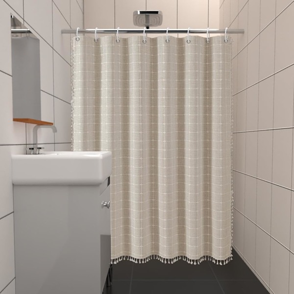 stk. Rustik Polyester Linned Neutral Boho Stribe Beige Bruseforhæng til Badeværelse med Kvaster - Boheme Stof Bruseforhæng 183 x 183 cm