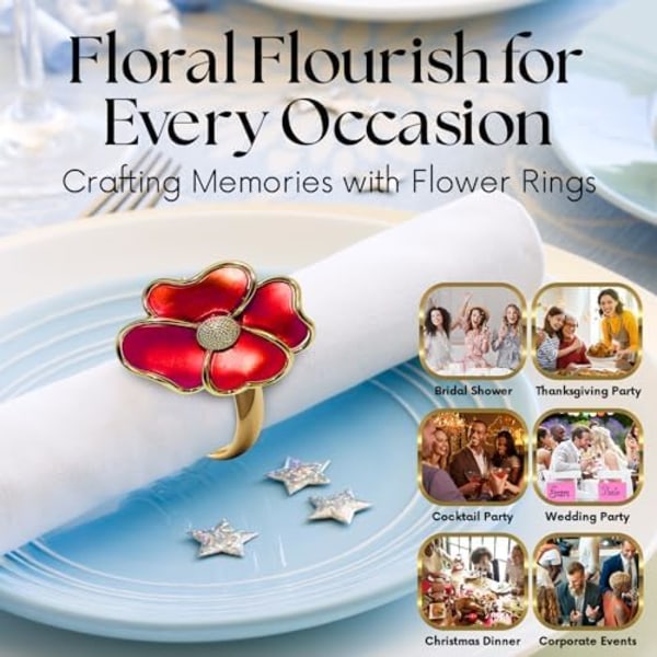 Blomster Serviettringer - Rustfrie, Elegante Serviettholdere for Papirservietter og Duger til Uformell Middag, Jul,