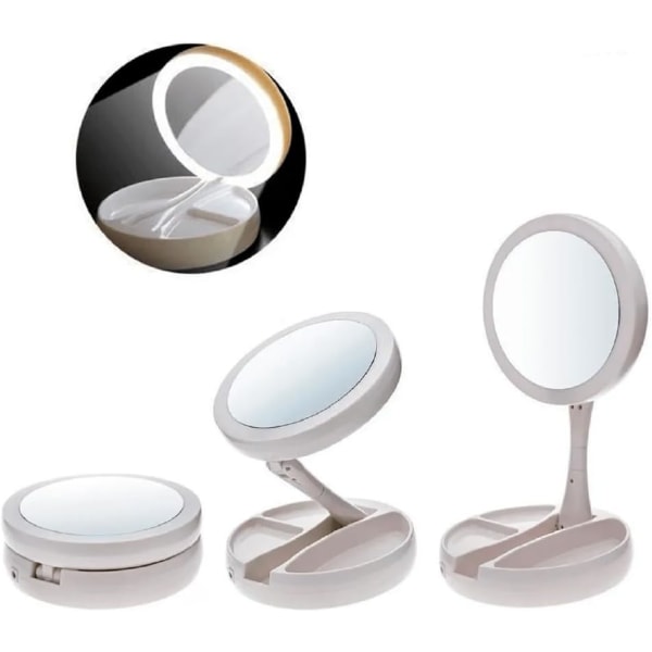 Kosmeettinen peili LED-valolla ja kaksipuolisella organizer ja 10x suurennuspeilillä