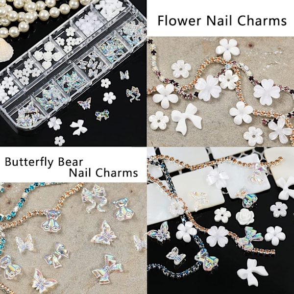 2 st Akryl Fjäril Blomma Björn Nagelkonst Hänge Konst, Multi-form Pärla Strass Gyllene Metall Applikation Smycken Acc
