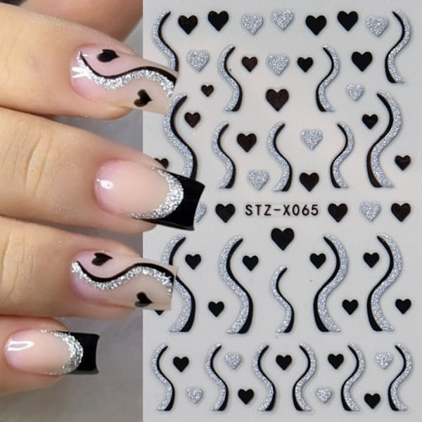 6 st Glitter Hjärta Nagelstickers Alla Hjärtans Dag Nagelmaterial Glittrande Svart Vit Kärlek Fransk Oregelbundna Linjer Röd Lo