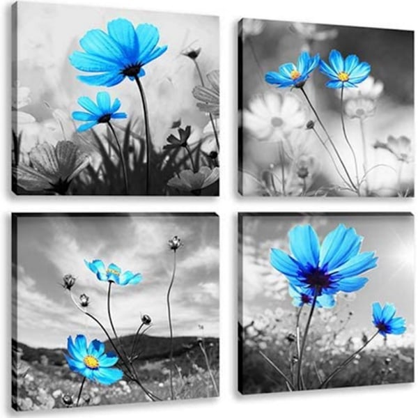 4 stk. 30*30cm Moderne Salon Tema Sort og Hvid Påfugl Blå Vase Blomst Abstrakt Maleri Still Li