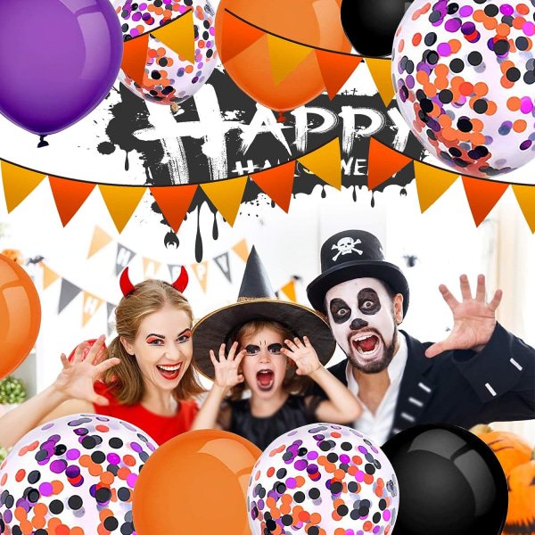 12 tums Halloween-ballonger, Halloween-festballonger, heliumballonger, lila orange svart konfetti