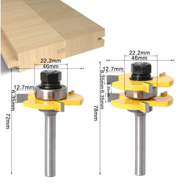 8MM skaft Matched Tongue and Groove Cutter Set 3 tenner T-form tre Cutter Cutting Woodworking Tool