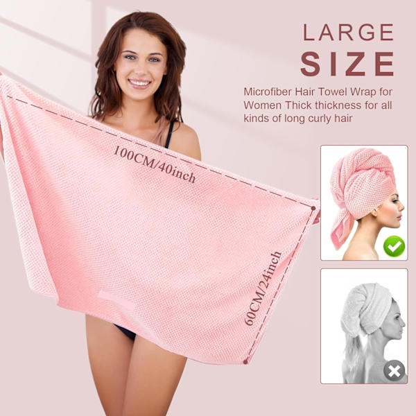 100 x 60 cm 2-pack mikrofiberhårhandduk för långt hår, stor