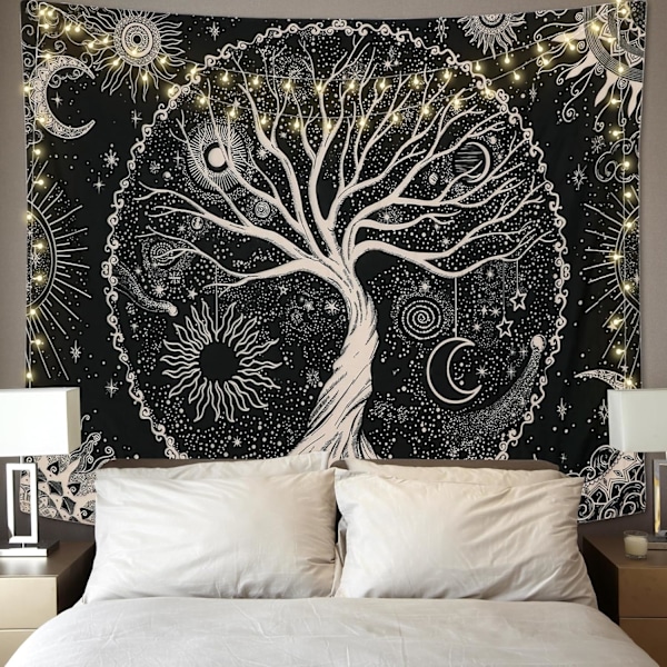 130x150cm Elämänpuu Seinävaate Kuu ja Aurinko Musta Seinälle Ripustettava Seinävaate Psykeedeelinen Tähtikuvioinen Mandala Seinävaate Hippityyliin