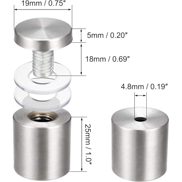 3/4 Diameter x 1-1/4\"(19x32mm) Afstandsstykker Skruer Vægmontering Panel Beslag Akryl Glas Søm 6stk