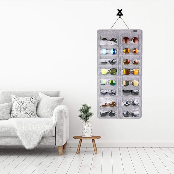 Grå, dammsäker solglasögonarrangör förvaring, hängande dammsäker väggficka glasögonarrangör - 16 filtplatser solglasögon