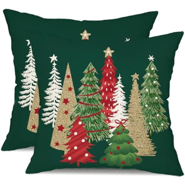 Jul Kuddfodral 18x18 Tum Set om 2 Julgran Dekorativa Gröna Kuddar Vinter Jul Dekoration för Hemmet