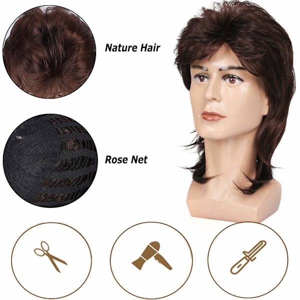 Mullet Parykker til Mænd 70'er 80'er Kostumer Mænd Brun Fancy Fest Tilbehør