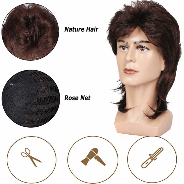 Mulletperuker för män 70-tal 80-tal Maskeraddräkter Herr Brun Fancy Party Acc