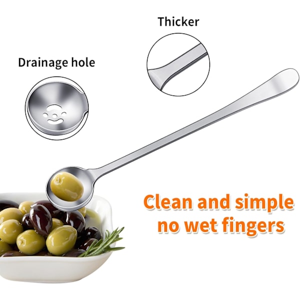 3 stk. Kirsebærsske i rustfrit stål, lille ske, oliveskeer med drænhul til oliven, pickles, løg, serveringsredskaber til oliven